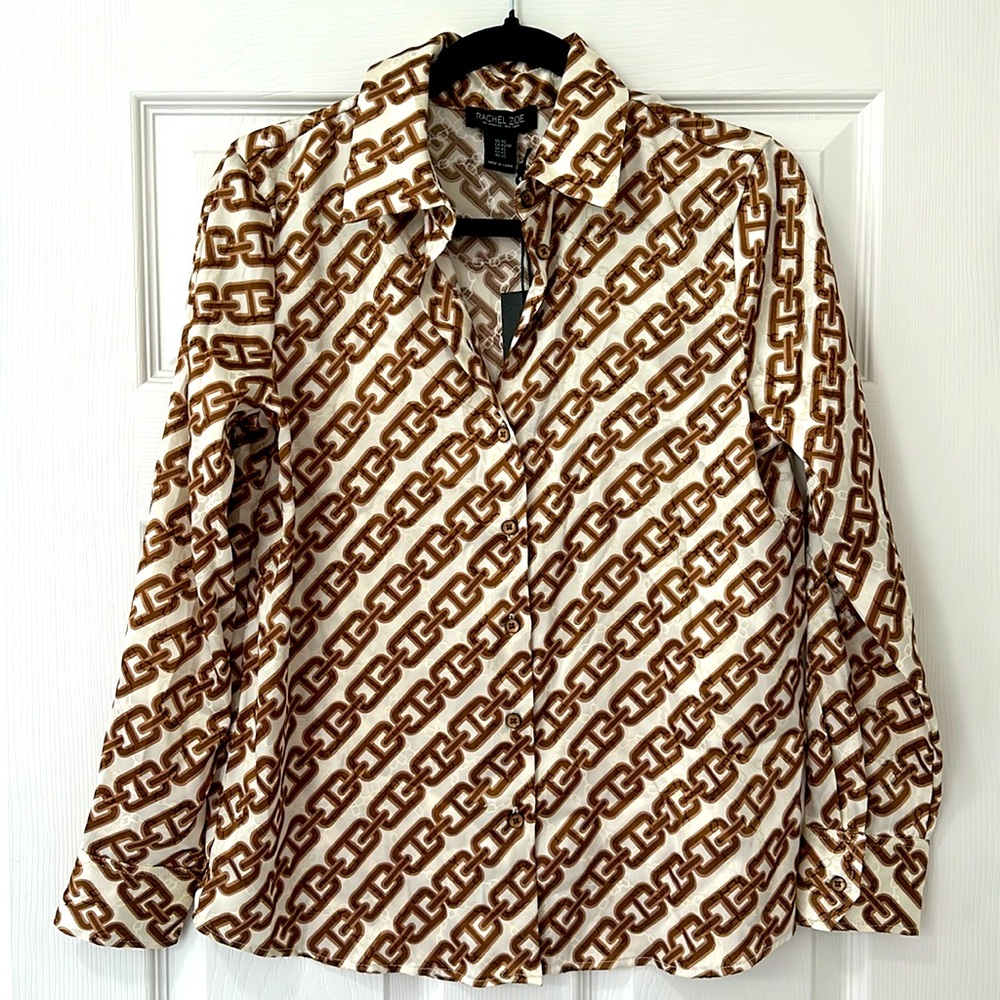 Rachel Zoe Cream and Brown Chain Print Silk Blouse